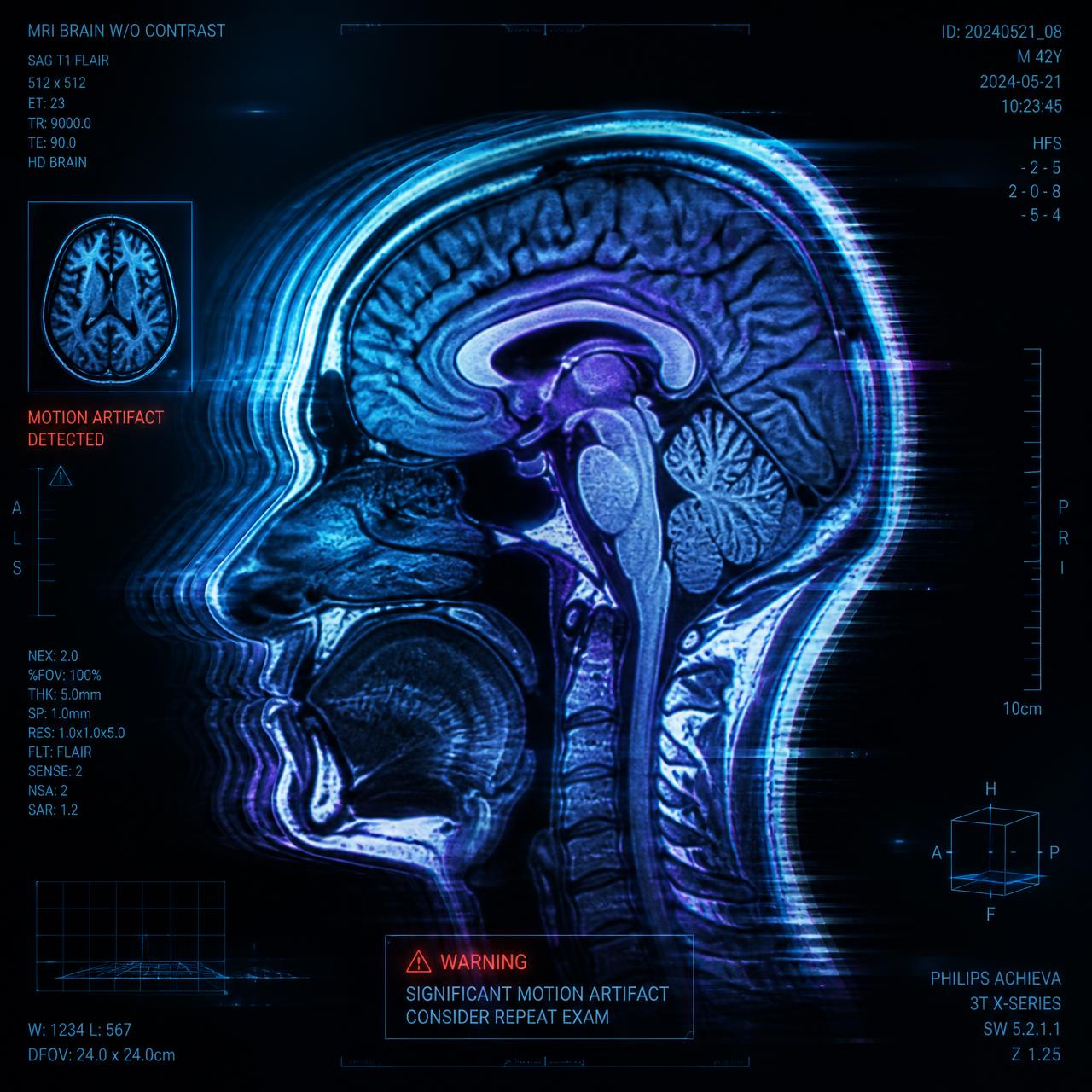 MRI brain scan with motion artifact warning overlay
